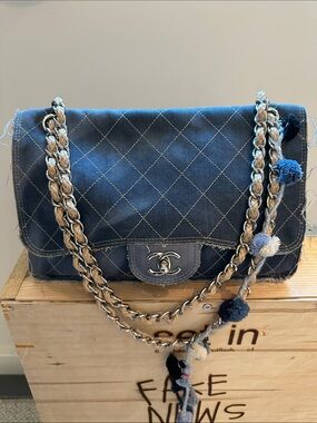 CHANEL authentic Large Paris-Dubai Denim Flap Bag 
2015 Cruise Collection